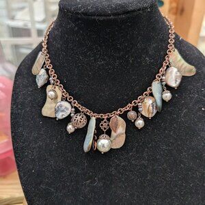 Vintage Lia Sophia Abalone Shell & Freshwater Pearl Charm Brass Tone Necklace